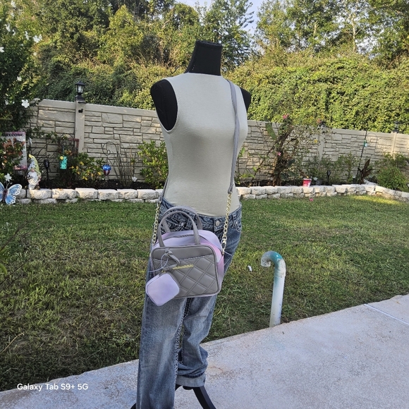 BETSEY JOHNSON QUILTED GREY n MULTI COLOR SQUARE LUV BETSEY SATCHEL w/POUCH - Picture 5 of 6